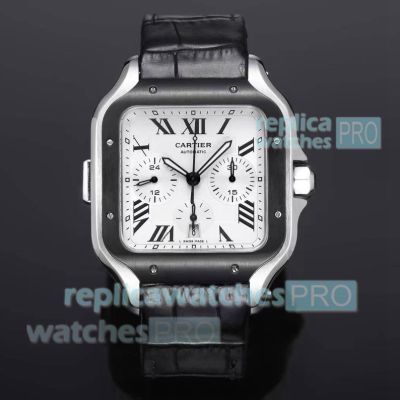Swiss Clone Cartier Santos De Cartier Silver Face 7750 Leather Strap Watch 